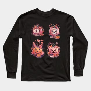 4 Pink Pumpkin face, with floral and orange flowers, cute Halloween Long Sleeve T-Shirt